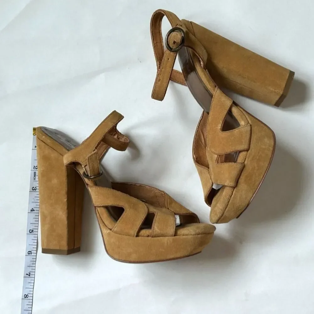 Zodiac USA ‘Tanya’ Tan Suede Platform Chunky Heels Sandals - Size 8
